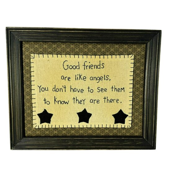 Framed Primative Style "Good Friends" Embroidered Sampler Hanging Cottagecore - Picture 1 of 4